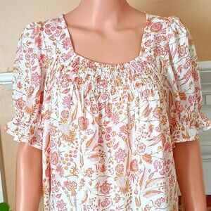 Lucky Brand Floral Smocked Peasant Top S/P Blush Pink Short Puff Sleeves